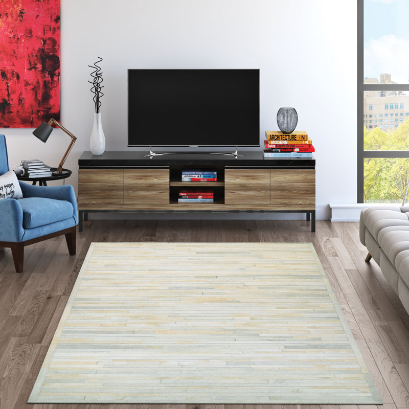 Tapis rayé ivoire fait à la main Malbork, Rectangle : 5 pi 6 po x 8 pi