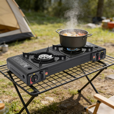 Portable Camping Stove 2 Burners Gas Stove Tabletop Gas Camp Stove with Baking Tray and Portable Case for Outdoor Camping Picnic