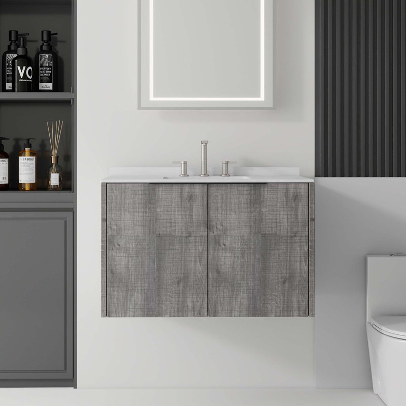 Meuble-lavabo flottant avec comptoir en marbre de culture et portes à fermeture en douceur, Gris