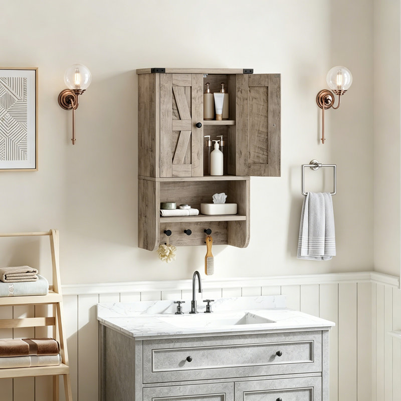Armoire de salle de bain murale avec tablette réglable, Grège