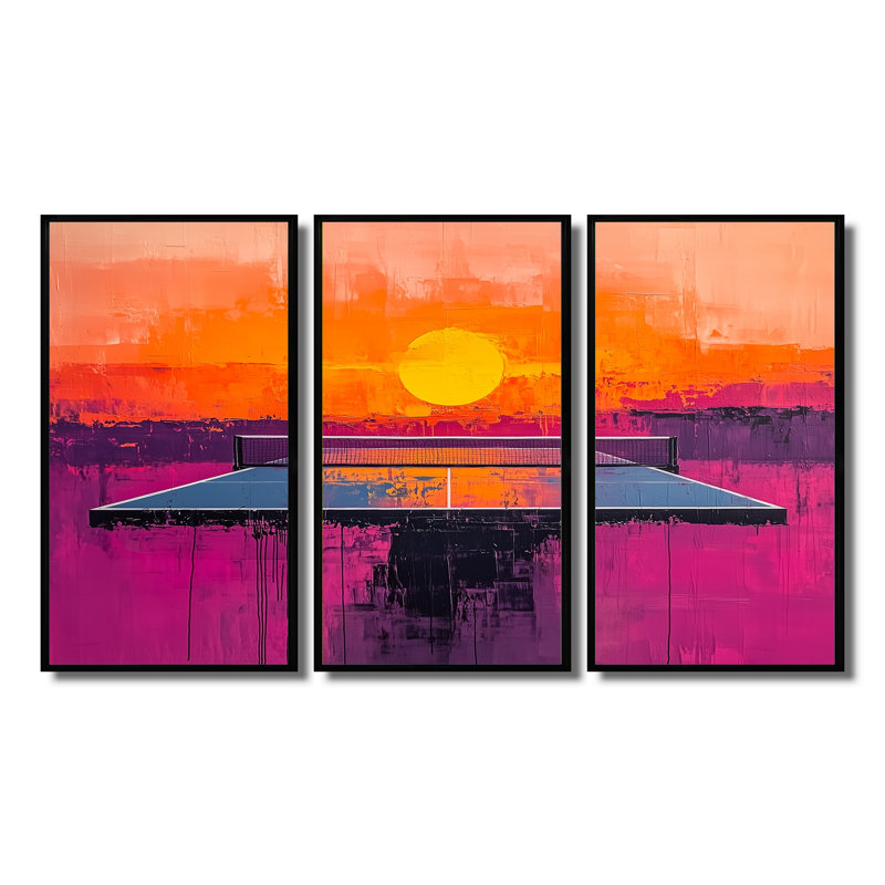 Jeu de ping-pong orange et mauve au coucher du soleil, H 28 po x l 36 po x P 1 po, Toile avec cadre flottant noir