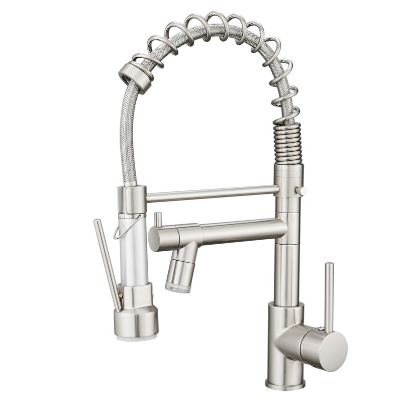 Stylish Brushed Nickel Led Pull Down Kitchen Faucet, Single Handle, 360 Degree Rotatable Spout, Dual Spray Faucet With Pull-Down , Nickel, Swivel, Dual