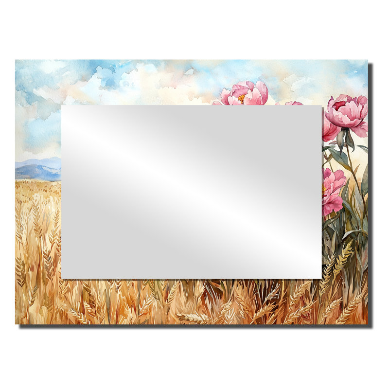 Pivoines dans le champ de blé I - Art mural miroir floral - imprimé sur métal, 24 po x 32 po