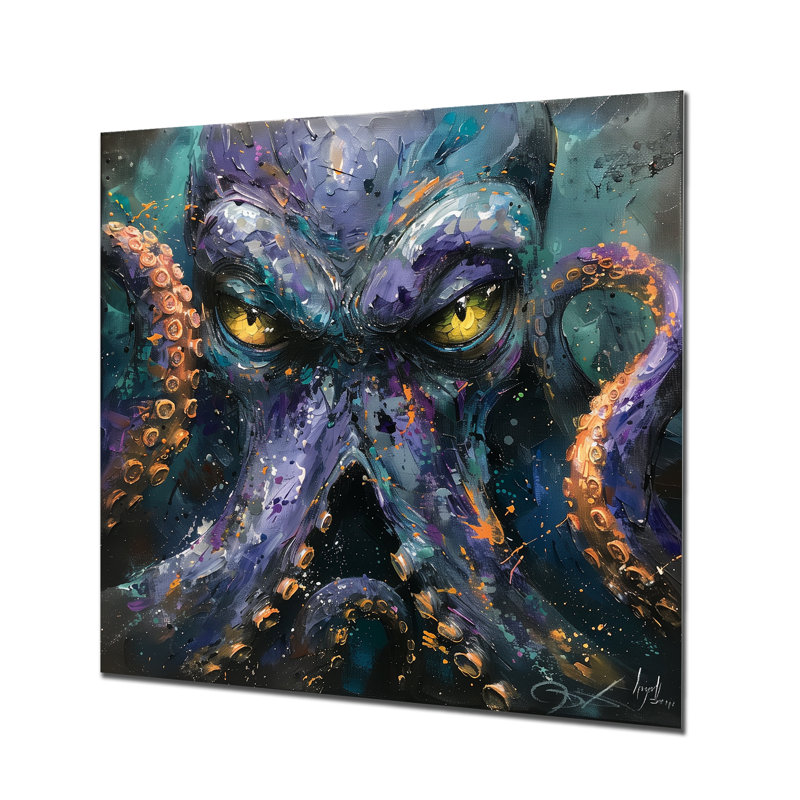 Purple Green Rising Monster Octopus - Monsters Wall Art Living Room, No Frame, Metal, 30" H x 30" W
