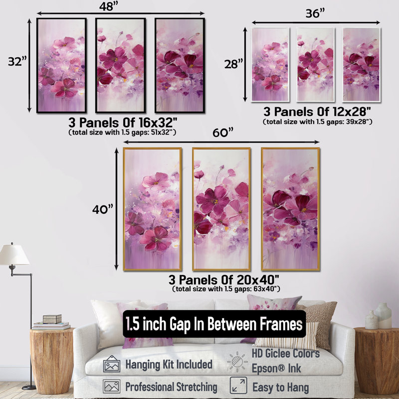 Ensemble d'art sur toile Fuschia, H 32 po x l 48 po x P 1 po, Cadre flottant en érable