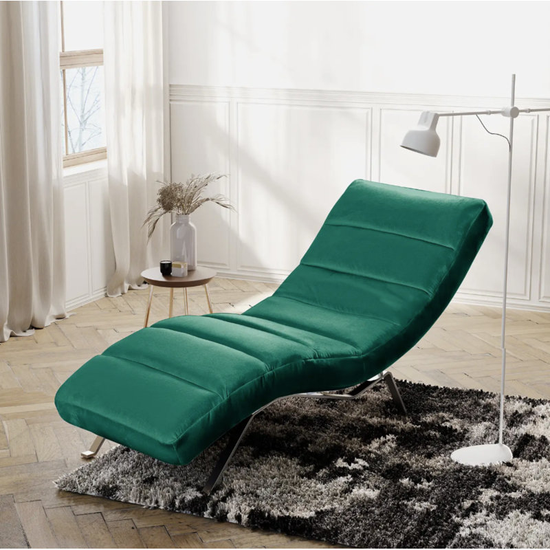 Rye Upholstered Velvet Fabric Chaise Lounge with Adjustable Backrest, Green, Silver