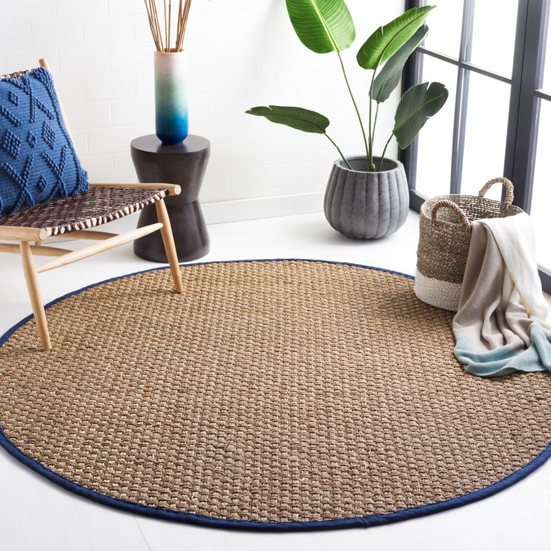 Auckland Bamboo Slat/Seagrass Natural / Blue Area Rug, Round 3'