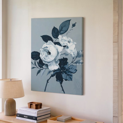 Toile, peinture florale tranquille, roses blanches et feuilles bleues grises, création d'art mural serein prêt à accrocher