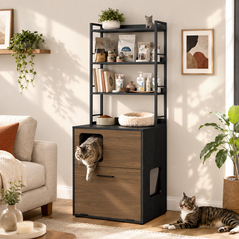 Enclosed Litter Box Enclosure, Black/Walnut