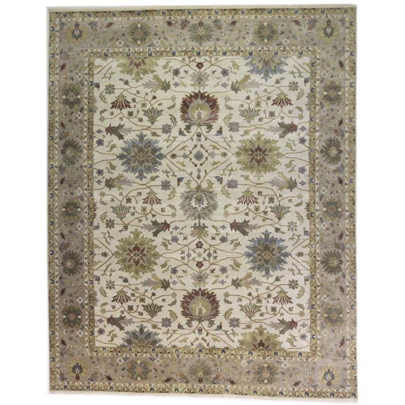 Floral Handmade Hand-Knotted Rectangle 12' x 15'1" Wool Area Rug in Cream