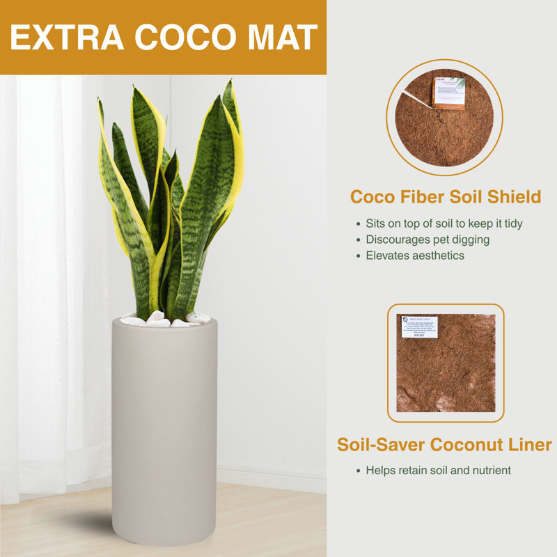 Kute Nest Indoor/Outdoor Small Fiberstone Tubo Planter - D10" x H19.5" - Opening 8.2", Taupe