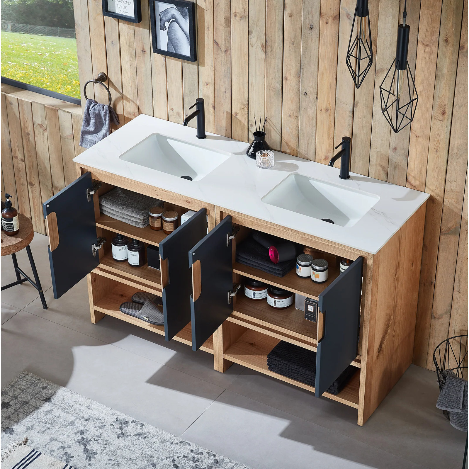 Tomesia 60" Double Bathroom Vanity, Black of Night/Maple, White