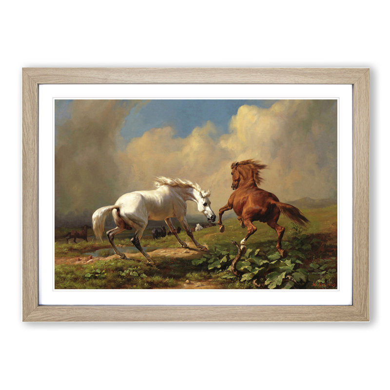 Two Horses by George Stubbs - Picture Frame Painting on MDF, Oak Framed, 27cm H x 36cm W x 2cm D