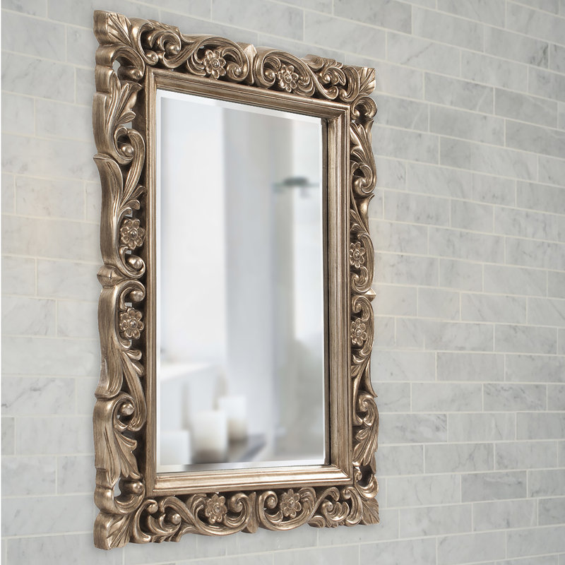 Traditional Ornate Framed Beveled Rectangular Accent Mirror, Antique French Pewter