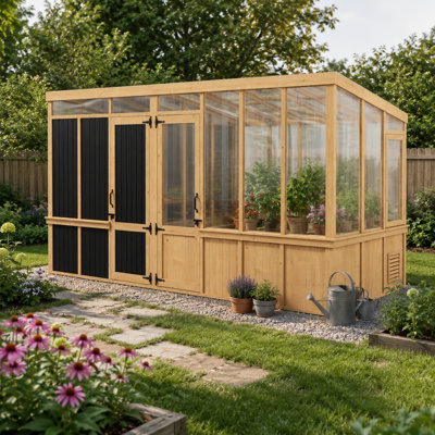 2-Room Outdoor Cedar Greenhouse And Tool Shed Combo With Polycarbonate Panels, Shelves, Ventilation Window And Double Doors