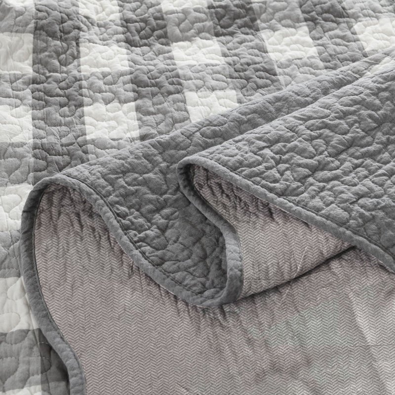 Ensemble de couvre-lit 3 pièces 3 pièces, Courtepointe pour très grand lit et 2 taies déco, Carreaux gris