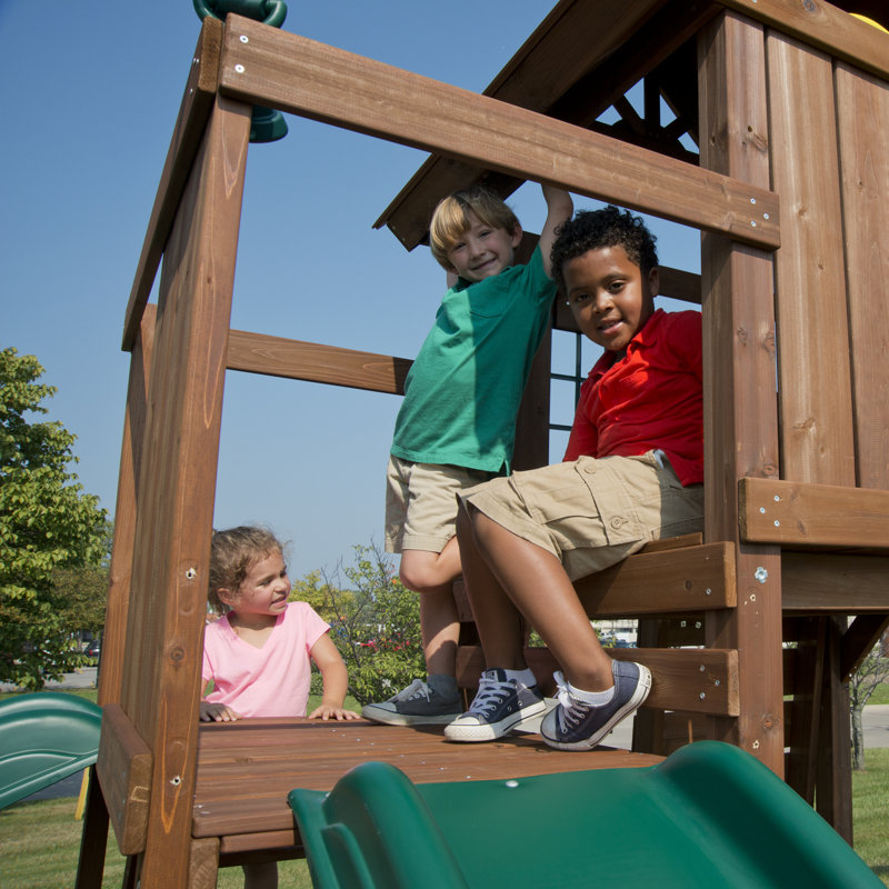 Monteagle Wooden Outdoor Swing Set with Wave Slides and Swings