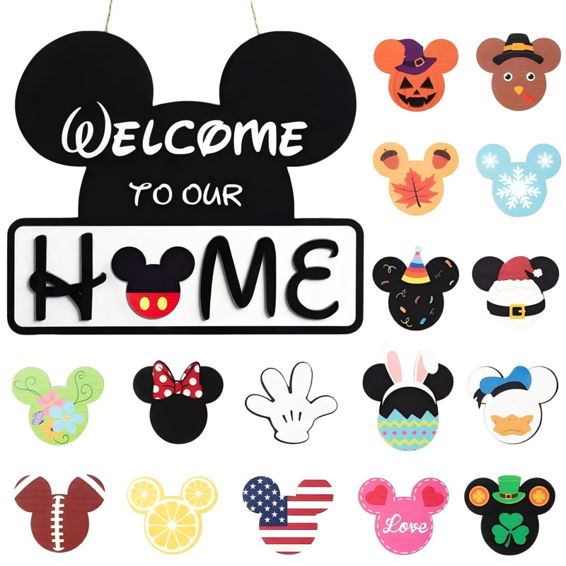 19 Pcs Mickey Welcome Door Sign Interchangeable, Seasonal Wooden Hanging Door Decor