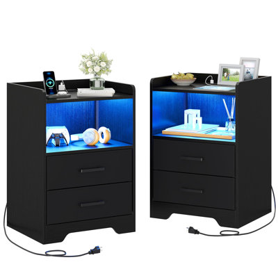 Ensemble de tables de chevet 2, table de chevet avec station de charge, table de bout avec port USB, table de chevet avec 2 tiroirs et compartiment ouvert pour la chambre à coucher, noir