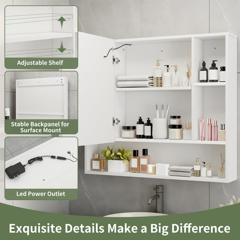 Medicine Cabinet Mirror with Led Light 27.5" W x 24.3" H Lighted Vanity Mirror Wall Mounted Bathroom Storage Cabinet