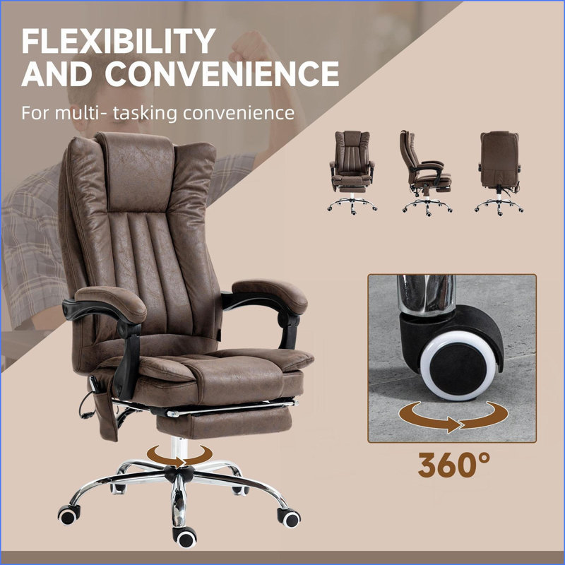 Fauteuil de massage, dossier haut Vinsetto avec massage à 6 points, chaleur, hauteur réglable Repose-pieds rétractable | Noyer brun | Microfibre