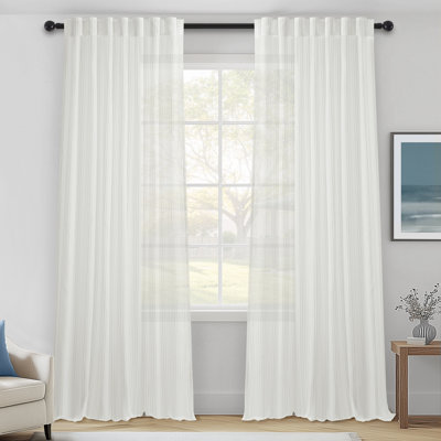 Diyon White Striped Sheer Curtains,Rod Pocket Back Tab Light Filtering Sunshine Semi Sheer Drapes Set of 2