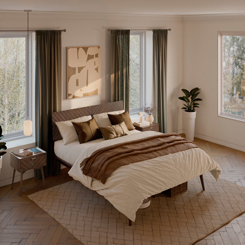 Loki King Bed Frame With 3D Chevron Headboard & Signature Tapered Legs, Premium Mid-century Modern Wood Platform Bed Frame, Low-profile Surround