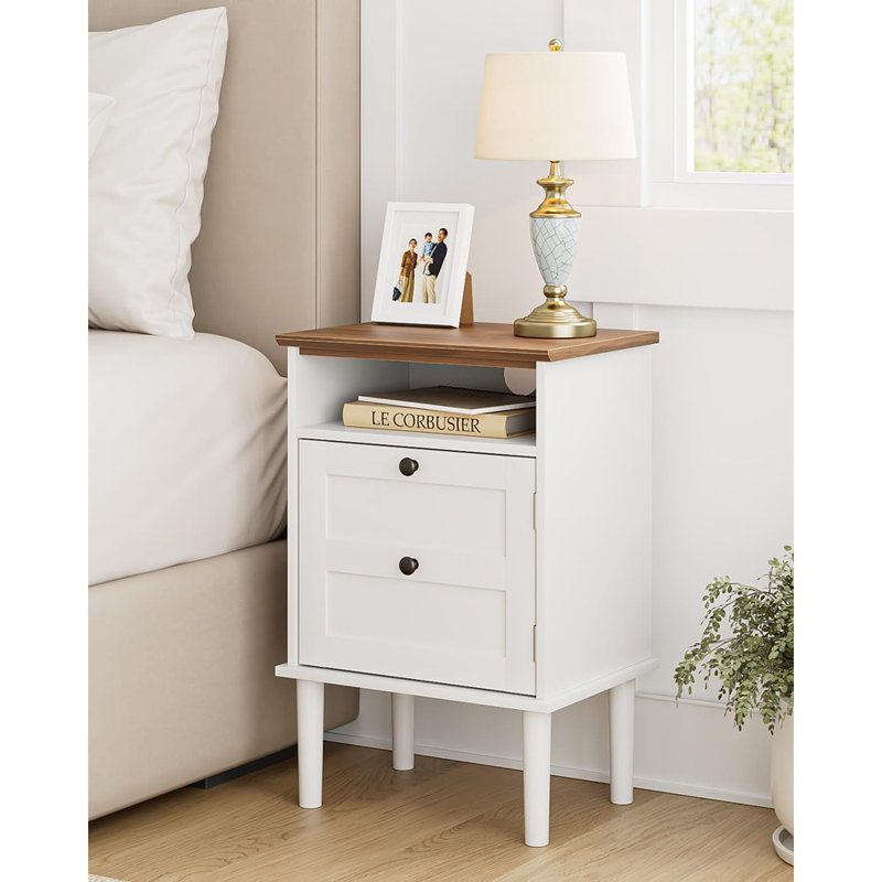 Nightstand, Boho Night Stand With 1 Drawer, Modern Side Accent Table With Open Shelf, Wooden Top Bedside End Table For Bedroom, Living Room, White