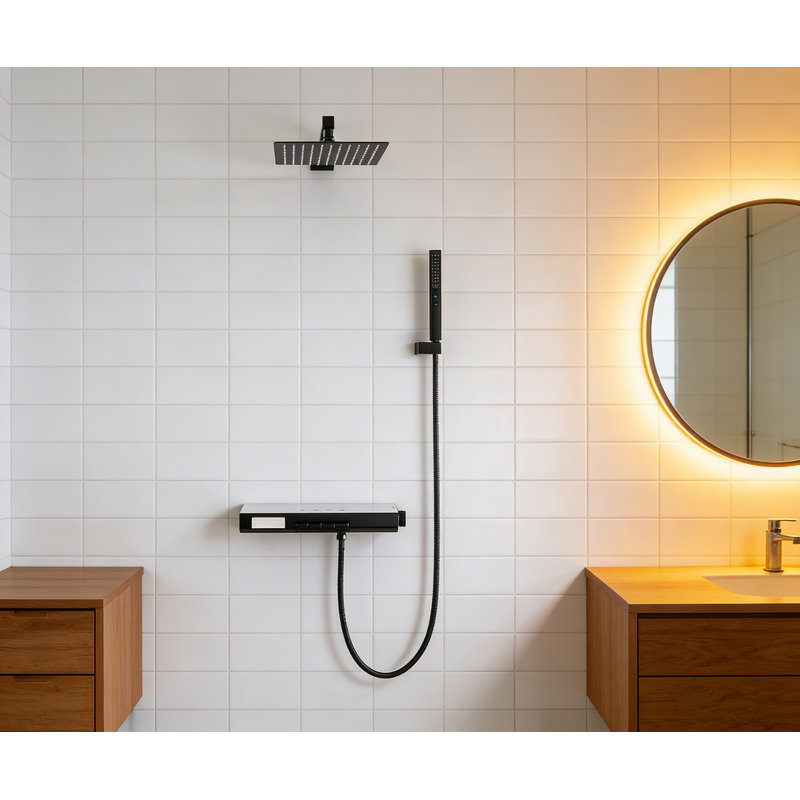 Brass Shower System Mixer Set, 8-10" Square Rainfall & Handheld，Matte Balck, Matte Black