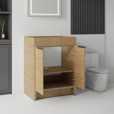 Armoire de salle de bain autoportante 24 po, contreplaqué, portes doubles à fermeture douce, rangement intérieur spacieux, armoire seulement, lavabo non inclus, chêne
