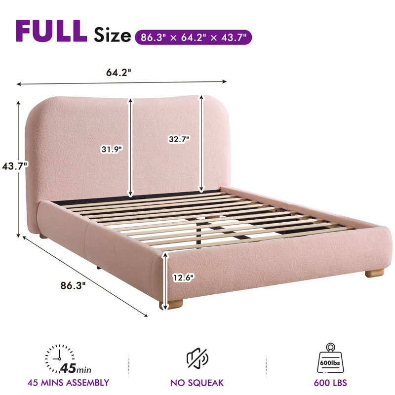Modern Upholstered Platform Bed with Curved Headboard and Rounded Footboard, Full, Pink