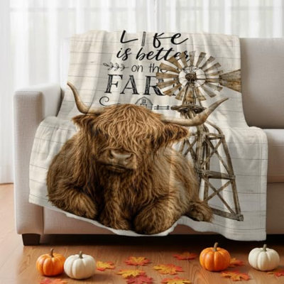 Highland Cow Vintage Windmill Throw Blanket,Lightweight Blankets,Life is Better on The Farm Super Soft Fuzzy Flannel Throw Blankets Warm Cozy Bed Blanket for Couch Sofa, 50 x 60 in