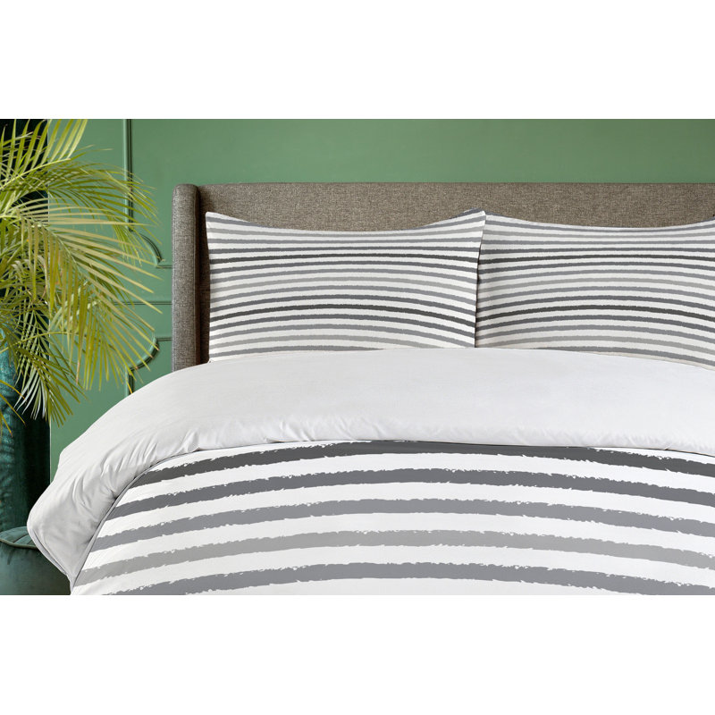 Gray and White Striped Queen Duvet Cover Set