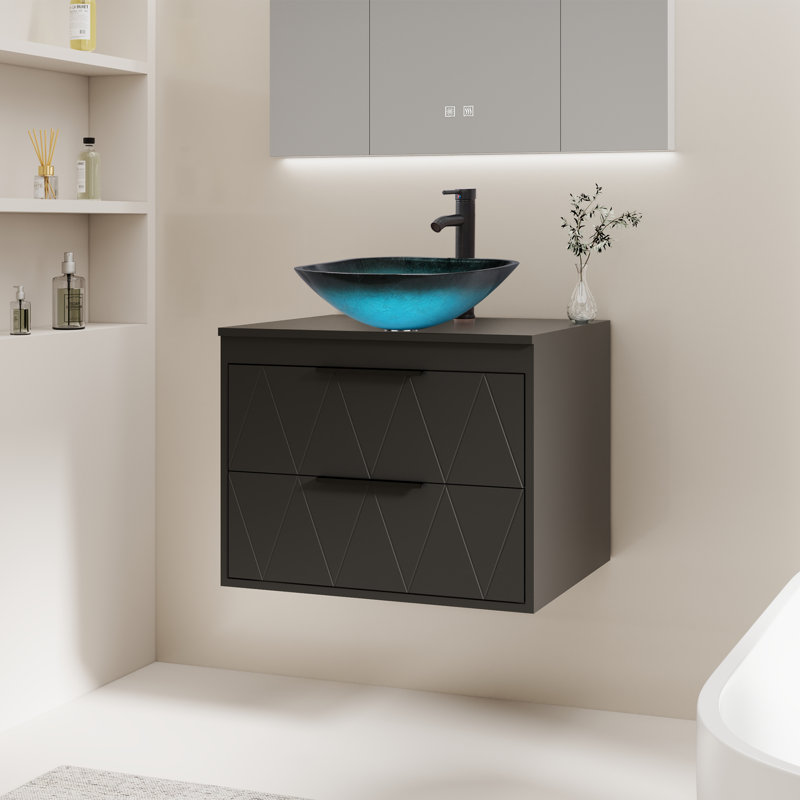 Meuble-lavabo mural 24 po avec lavabo vasque Sharee, Noir, Bleu clair