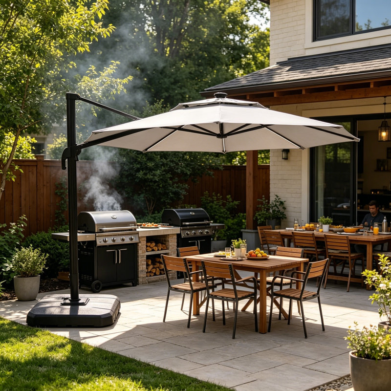 Parasol extérieur octogonal 12 x 11 pi avec construction robuste à 8 nervures et une base lestée dédiée.