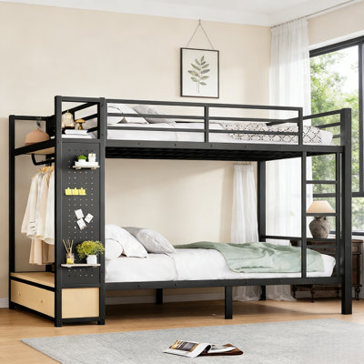 Lit superposé double au-dessus de double avec tablettes de rangement, lits superposés en métal avec tiroirs et panneau perforé, structure de lit superposé non grinçant et stable pour les adolescents et les adultes, noir
