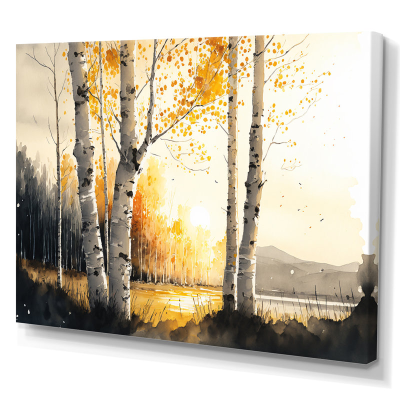 Bouleaux pendant l'heure dorée au bord du lac III - art mural forêt, H 16 po x l 32 po x P 1 po, Toile tendue