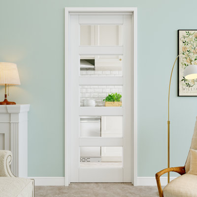 Porte pré-suspendue en verre transparent 28 po x 80 po à 5 lumières avec charnières noires, plaque de porte en verre transparent, pouvant être peinte et imperméable, combinaison pour la lessive, portes de placard, portes de pièce, main gauche