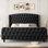 Cadre de lit grand moderne en tissu doux avec tête de lit à oreilles de 51 po de hauteur - capitonné à boutons profonds, garniture cloutée, lattes de bois robustes, silencieux, aucun sommier requis, assemblage facile - mobilier de chambre à coucher, noir Queen