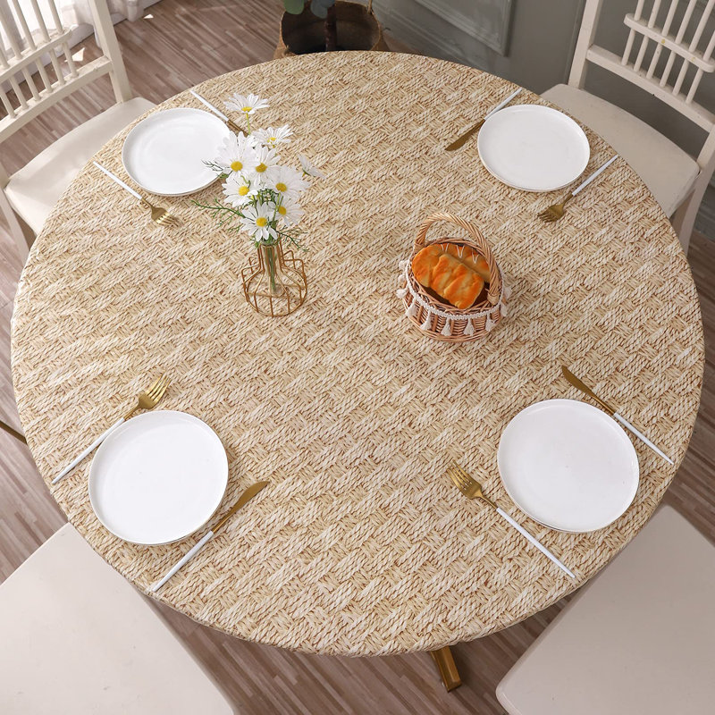 Round Vinyl Fitted Tablecloth With Flannel Backing Elastic Edge Design Table Cover Waterproof Oil-Proof PVC Table Cloth Stain-Resistant Wipeable