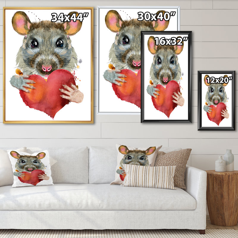 Portrait de rat avec cœur rouge - reproduction sur toile, H 32 po x l 24 po, Toile à cadre flottant noir