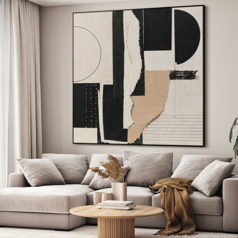 Très grand art mural imprimé sur tissu - Composition géométrique abstraite moderne avec des formes texturées noires, beiges et blanches pour le salon ou la chambre à coucher - «Assemblage requis du cadre (cadre non fini)»