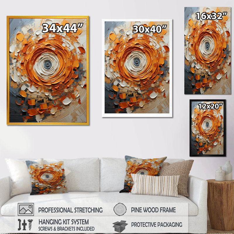 Collage abstrait en spirale orange et blanc - Collages abstraits, art mural, Cadre doré simple, H 20 po x l 12 po x P 1 po