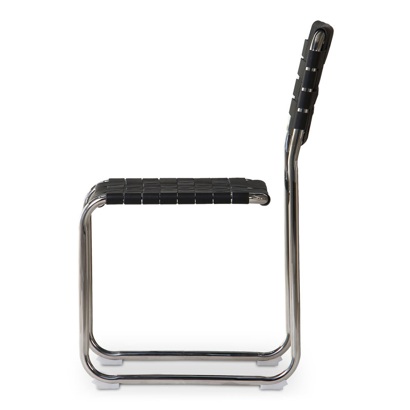 Moma Leather Dining Chair, Black Top Grain Leather, Silver