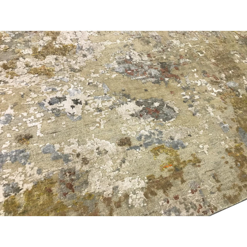 Odyssey Modernist Abstract Distressed Wool and Upcycled Natural Silk Hand-Knotted Area Rug, Rectangle 5' x 11'9"