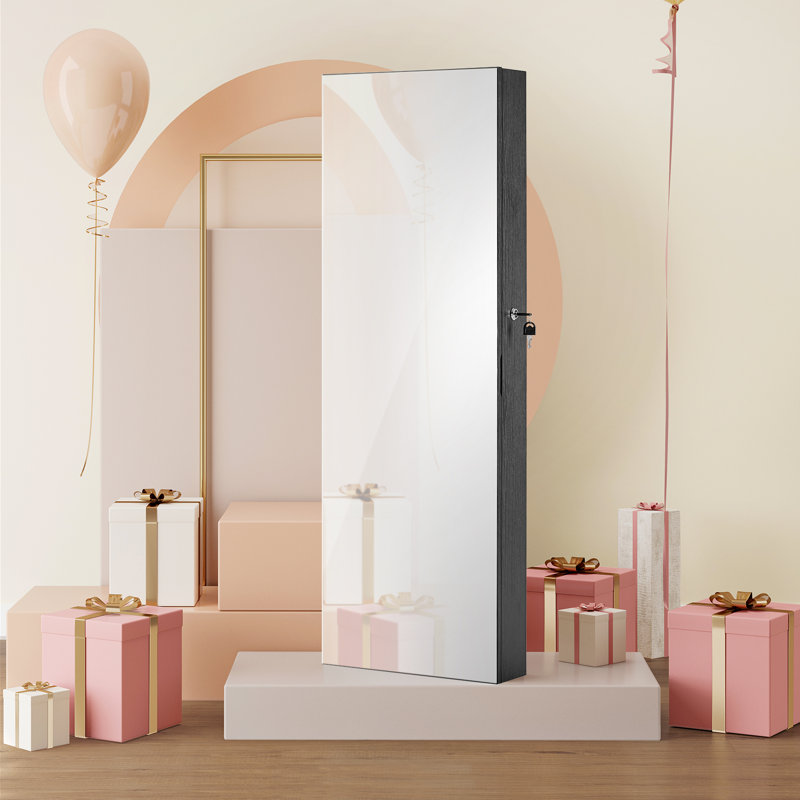 Black Wall-Mounted Jewelry Armoire with LED Mirror