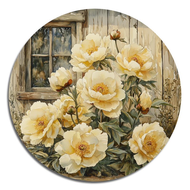 Pivoines par le vieux poulailler II - pivoines rondes, art mural en métal pour le salon, H 36 po x l 36 po
