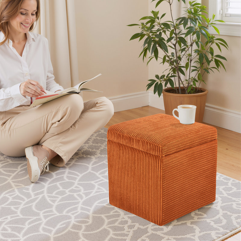 16.5" Corduroy Storage Ottoman With Flip-Top Lid, Upholstered Small Bench For Entryway, Bedroom, Or Living Room, Orange