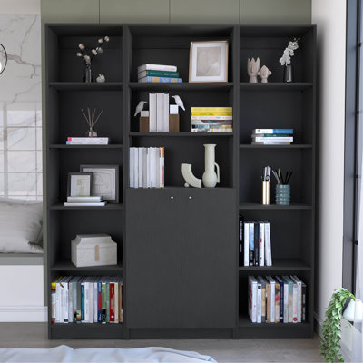 Bibliothèque noire 3 pièces pour salon - 8 tablettes et plus, structure horizontale, dossier fermé, bois, pour l'espace principal dans la tablette