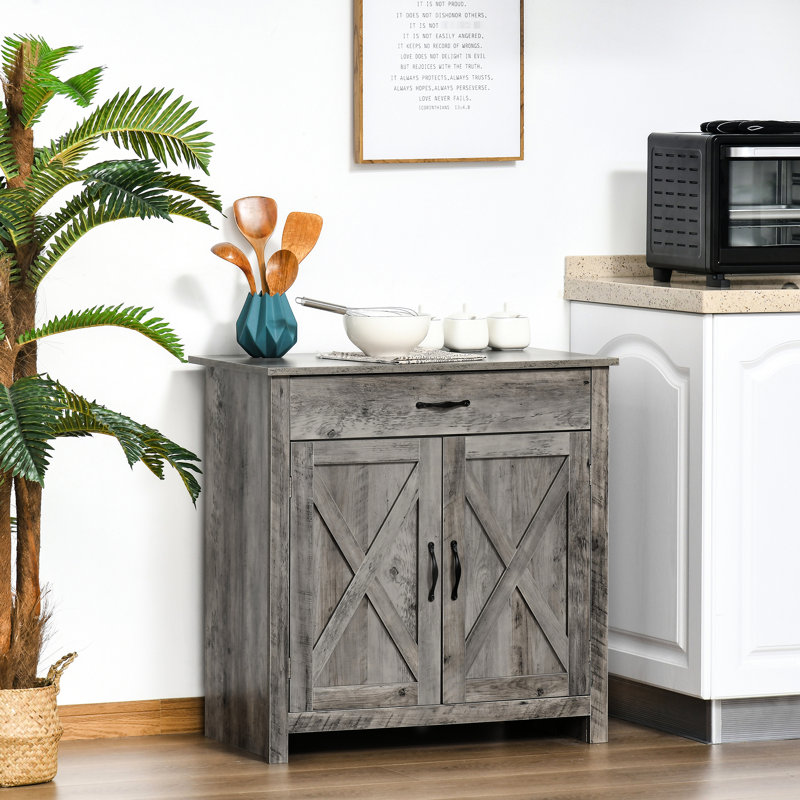 Sideboard Buffet Cabinet, 32" With Barn Door Style. Gray Wash For Kitchen, Living Room, Entryway. Provides Ample Storage And Adjustable Shelf. Accent Sideboard, Style Door. Cabinet